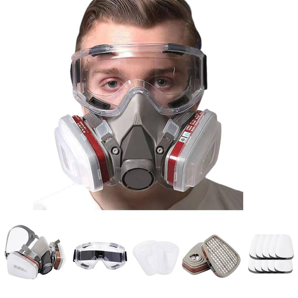 HASTHIP Gas Mask Respirator Set for Painting and Chemical Work with Dual Filtration System and 10 Replacement Filter Pads | Includes Safety Goggles for Full Face Protection