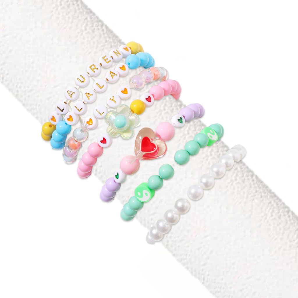 SANNIDHI Colorful Beaded Bracelets Set for Girls with Flower Heart and Rainbow Charms | 7 Pcs Elastic Acrylic Jewelry Gift for Ages 6–12