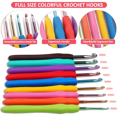 HASTHIP® Crochet Hook Set 9 Sizes Full Lace Kit Yarn Needles Stitch Markers Storage Bag for DIY Craft Flowers Shrug 3 PCS