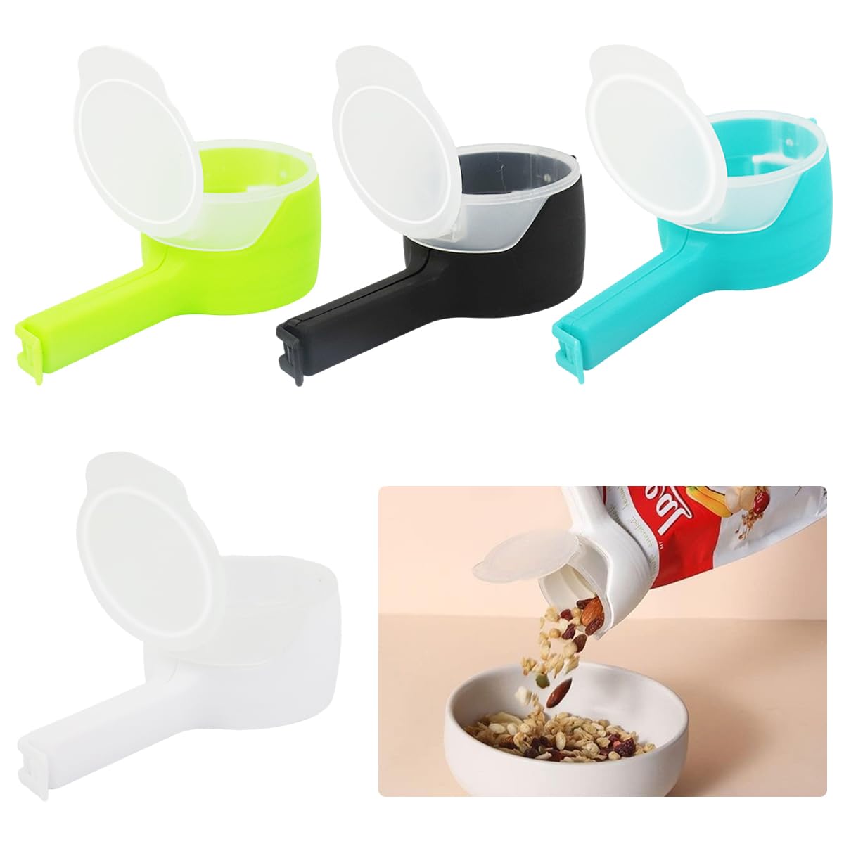 HASTHIP 4Pcs Bag Clips for Food, Food Snack Bag Pouch Clip Sealer with Sealing Lid, 2 in 1Snack Seal Sealing Bag Clips Vacuum Sealer, Great for Organizing and Storing Food in the Kitchen