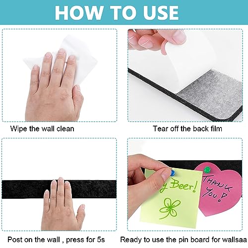 Climberty® 10 Pack Felt Bulletin Board, Vision Board Felt Message Board with 35pcs Drawing Pins, Self-Adhesive Lightweight Bulletin Board Strips for Paste Notes, Photos, Schedules (Black)