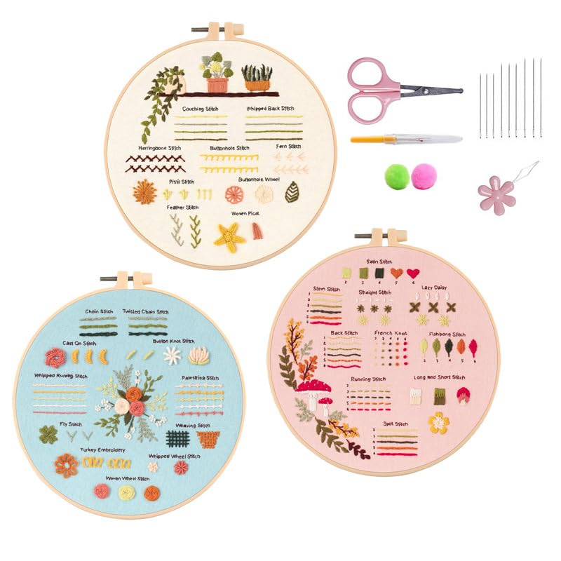 HASTHIP 3 Sets DIY Embroidery Kit for Beginners Pre-Embroideried Stitch Practice Kit for Beginners Adults, Stitch Practice Kit, Includes Cloth with Pattern, Hoop, Colorful Threads and Scissors
