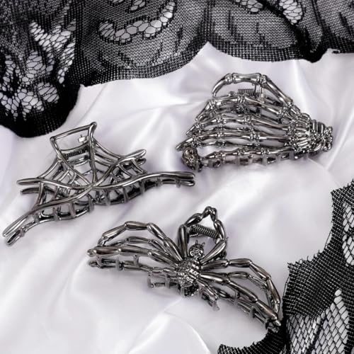 MAYCREATE® 3Pcs Gothic Hair Claw Clips for Women Girls, Skeleton Hand-shaped Punk Metal Claw Clip, Spider-shaped, Cobweb Metal Alloy Hair Clips Fashion Halloween Hair Accessories