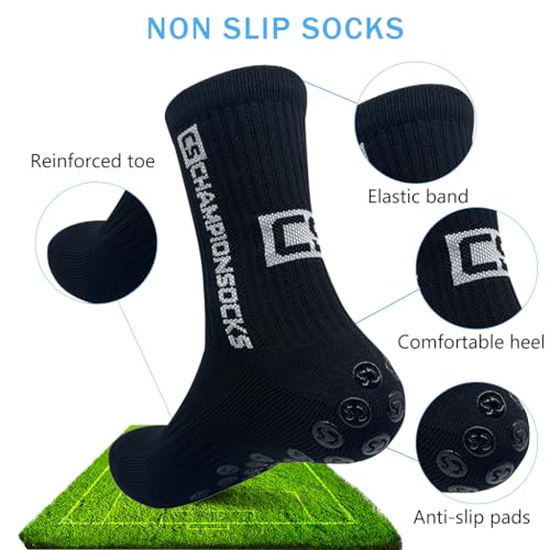 Proberos® Men Down Anti-Slip Sport Sock Football Socks for Adult Young Calf Length Grip Stockings with Pad Technology Black 2PCS