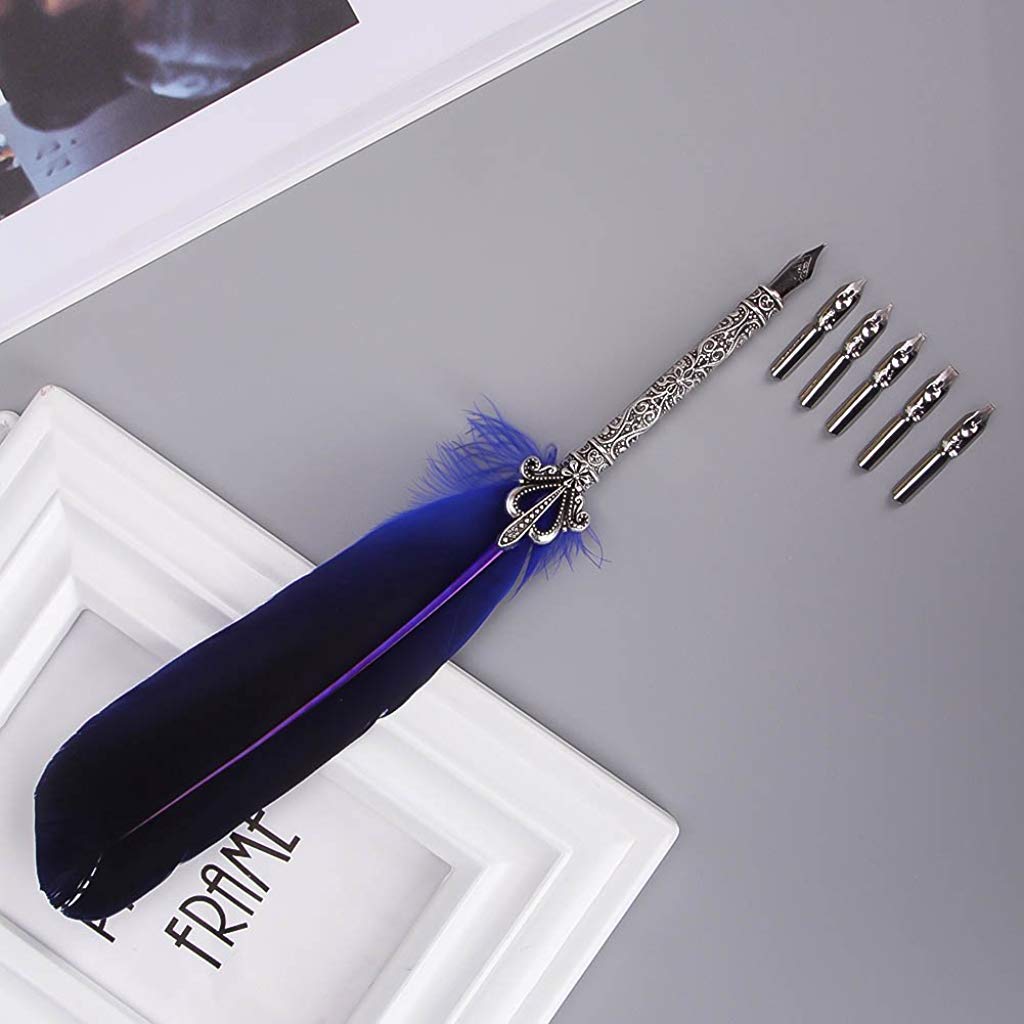 HASTHIP Antique Feather Calligraphy Pen Set -Writing Quill Ink Dip Pen with 5 Extra Metal Nibs (Purple)