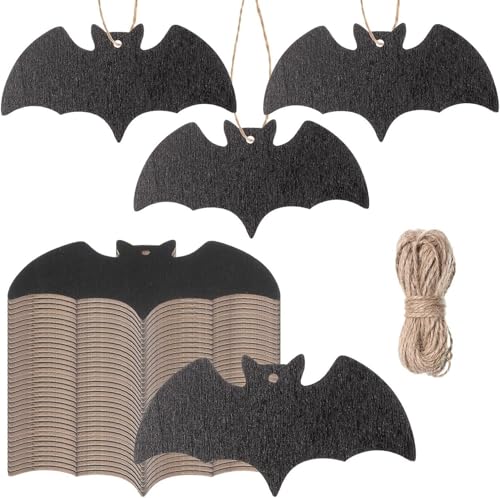 HASTHIP® 36pcs Black Bat Shape Wood Crafts DIY Cutouts Wooden Hanging Gift Tags Ornaments with Ropes for Halloween Christmas Party Decoration