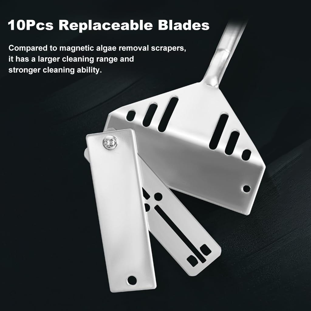 Qpets Aquarium Cleaning Tool with 16.5 in Stainless Steel Handle and 3 Attachments | Includes 10 Scraper Blades