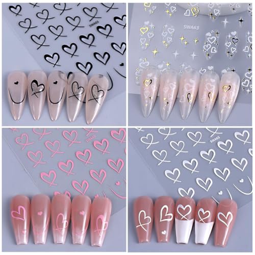 MAYCREATE® 8 Sheets Heart Nail Stickers Decals for Women Girls Art Self-Adhesive Black White Pink Graffiti Patterns Elegant Designs Accessories 24 PCS