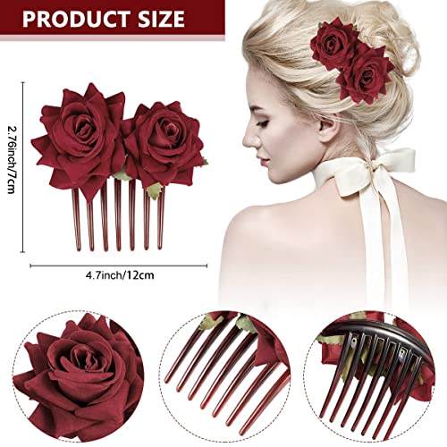 GUSTAVE® Set of 4 Stylish Rose Bridal Floral Hair Pin Clips & Hair Accessories with Side Comb for Women Girl Party, party, Princess, Dating