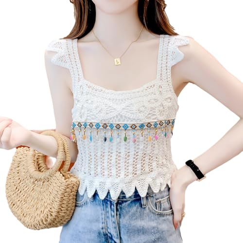 SANNIDHI® Crochet Tank Top for Women Beach Wear Short Top Sleeveless Boho Crochet Lace Tank Top Summer Lace Tank