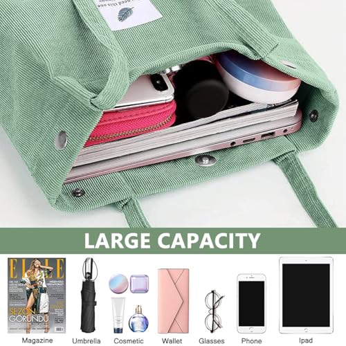 PALAY® Tote Bags for Women, Corduroy Large Capacity Shoulder Handbag Combo, Washable, Reusable for School, Work, Shopping, Travel, Daily Use, Grocery, Journaling, Crafts, Beige & Green