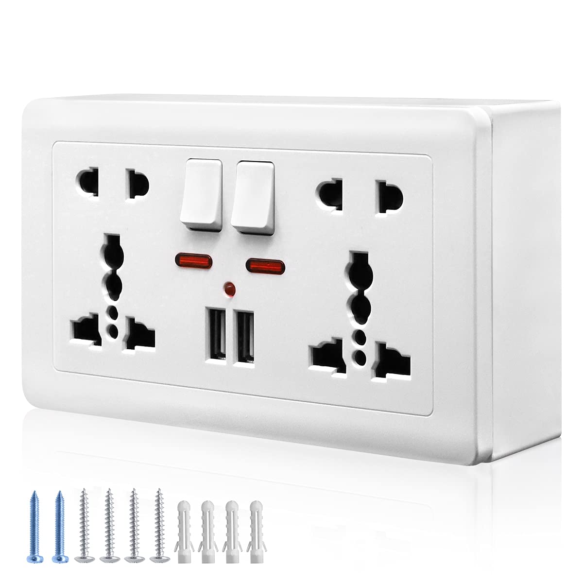 HASTHIP 2.1A 2 USB Multi Plug Socket Switch-Control Wall Socket with Installation Box 13A-250V Charger Power Panel Receptacle 5 Outlet Switch (multi)