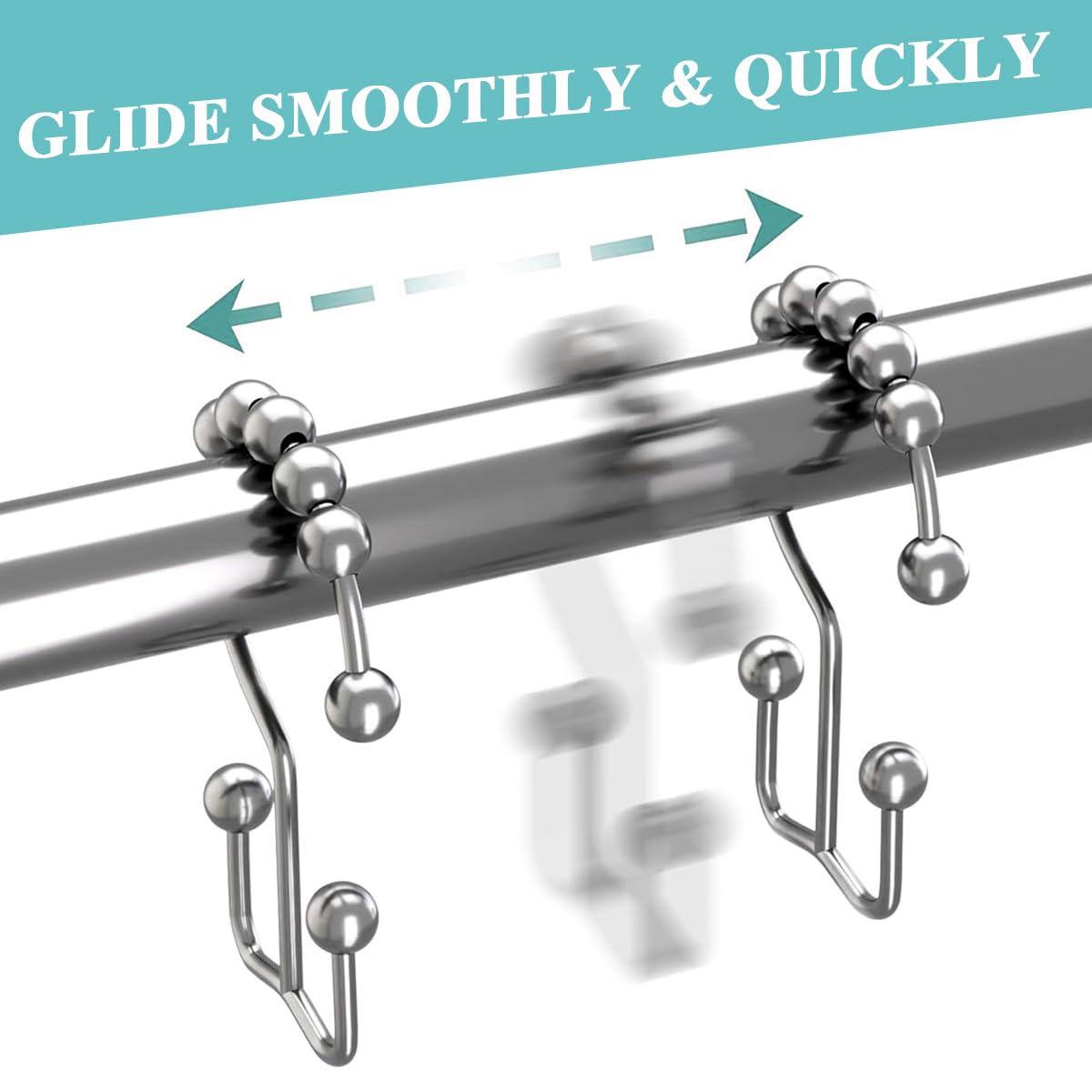 HASTHIP Metal Shower Curtain Hooks for Bathroom with Double Hook Design and Roller Gliders | 12PCS Silver Set