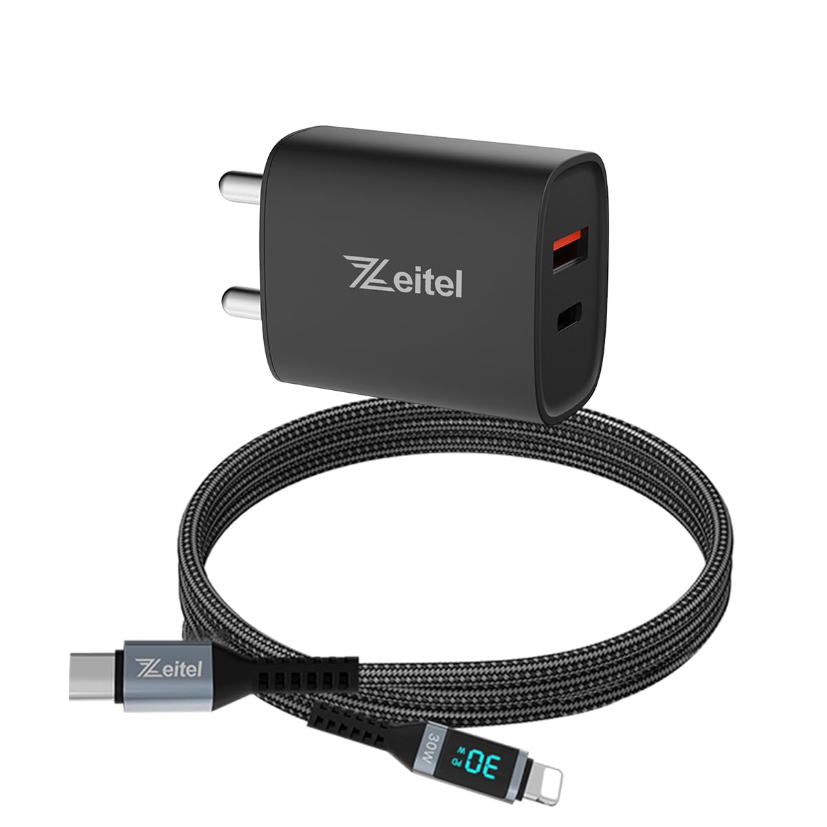 Zeitel 30W Adapter for iPhone with Dual USB A and C Ports featuring LCD Fast Charging Cable