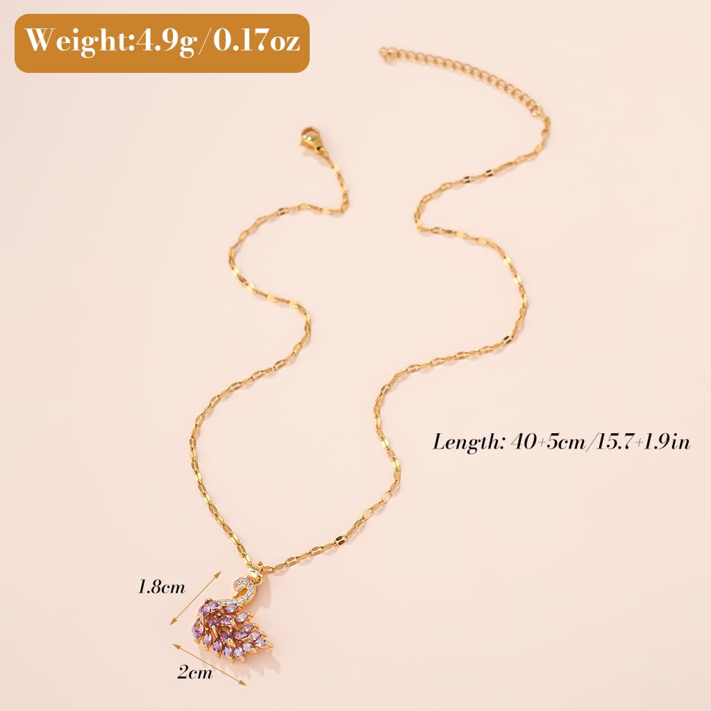 ZIBUYU Sparkling Swan Necklace for Women with Purple Zircon and 15.7+1.9 in Chain | Golden Stainless Steel Jewelry Gift
