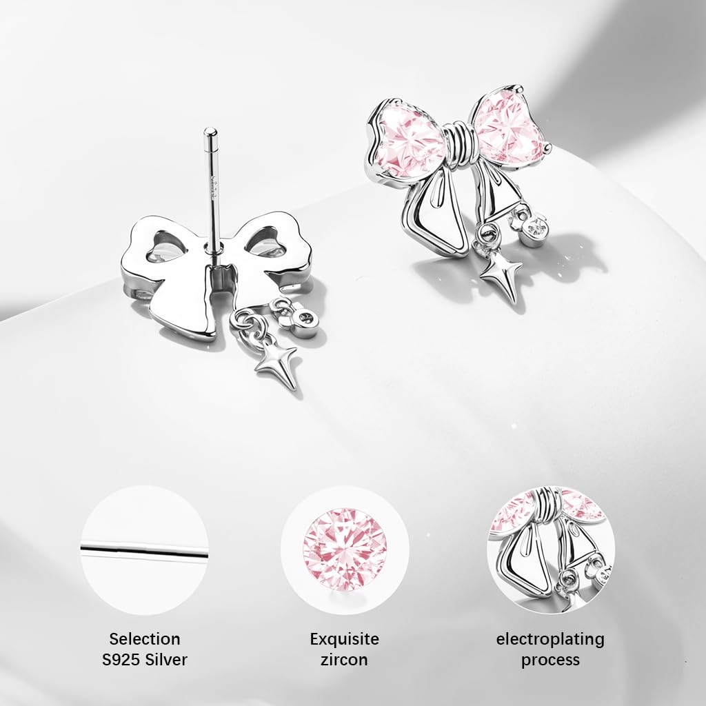SANNIDHI Earrings Set for Women featuring 3 Pairs Stainless Steel Pink Rhinestone Bows | Hypoallergenic Studs for Multiple Piercings