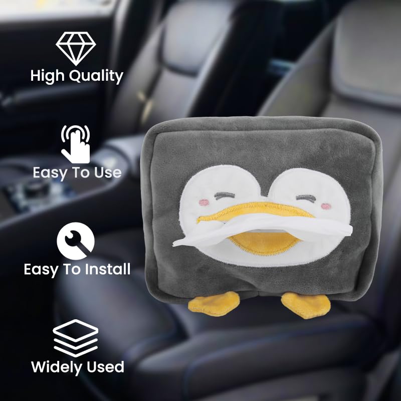 ZIBUYU Car Tissue Paper Holder for Cars with Elastic Buckle and Back Zipper | Grey Cartoon Penguin Box