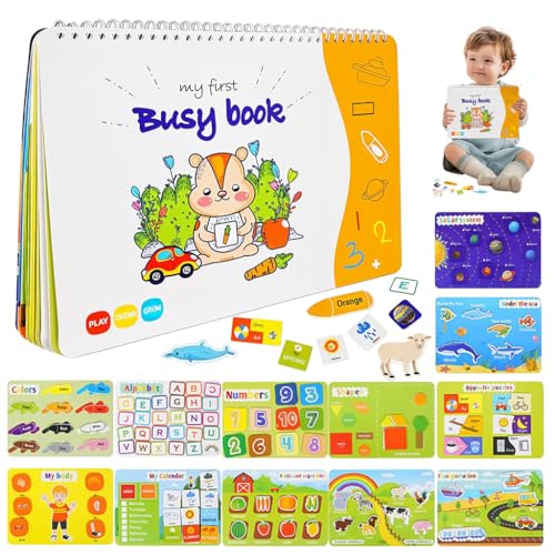 SNOWIE SOFT® Activity Book for Toddlers 12 Themes Design Early Educational Montessori Busy Board Book with Cartoon Hook and Loop Pieces Interactive Busy Book Fun Quiet Book for Aged 3+