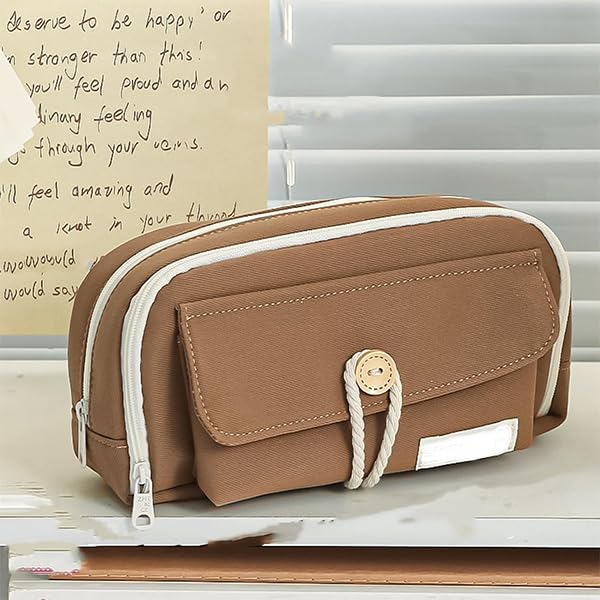 Zibuyu Student Pencil Pouch for School and Office with Double Layer Storage 21x11x7.5cm Coffee Brown