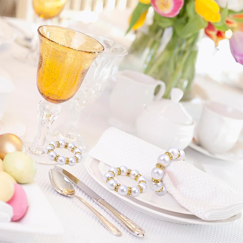 Supvox Napkin Rings for Table Settings featuring Beaded Glossing Pearl Design 12 Pcs Gold