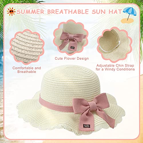 SNOWIE SOFT® Summer Straw Hat for Girls Ruffled Brim Hat Sun Straw Bow Hats Beach Hats with Straw Woven Zipper Pouch for Girls 4-6 Years Old Travel Outdoor Hat, Beige