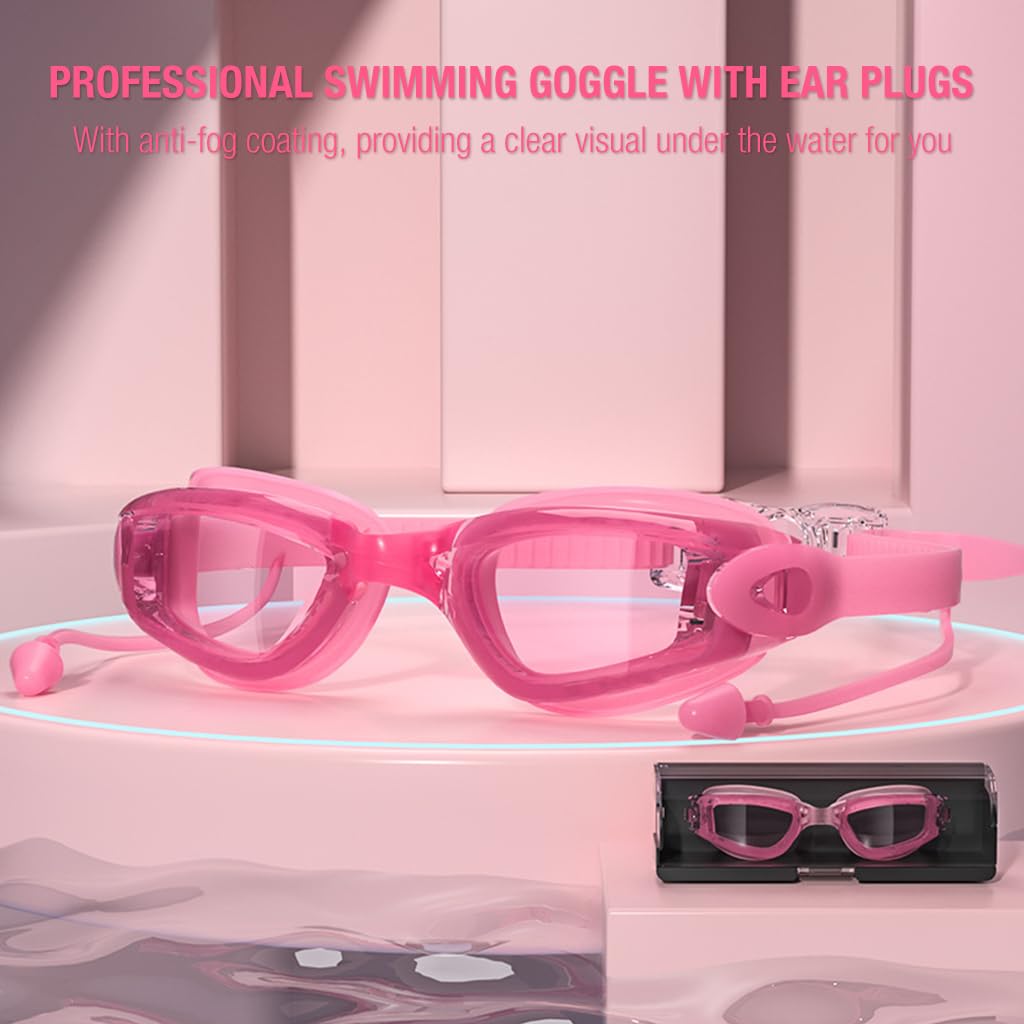 Optifit Swimming Goggles for Women with Ear Plugs and Case featuring Anti Fog UV Protection | Pink Leakproof Adult Swim Goggles
