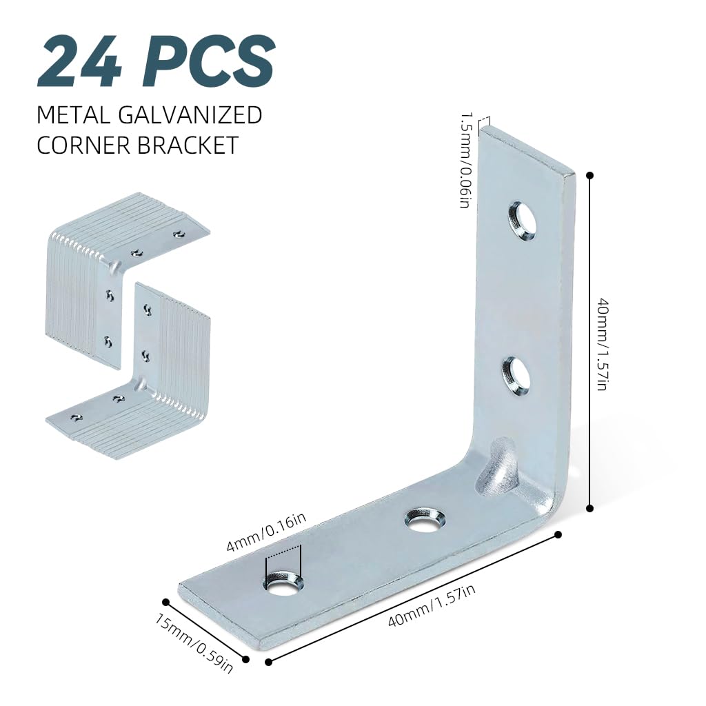 Serplex Metal Shelf Brackets for Wall and Wardrobe Shelves with 5 Screw Holes | 24Pcs Galvanized Steel 4cm Right Angle Supports
