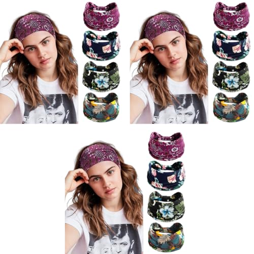 Proberos® 12PCS Bohemian Gym Headbands for Women Men Girls Stretchable Wide Hair Bands with Trendy Floral Prints Yoga Sweatbands Workout Running Tennis Marathon 4 Colors Unisex