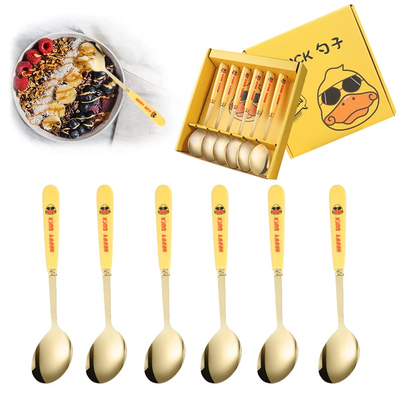 HASTHIP® 6Pcs Soup Spoons Stainless Steel, Round Head Soup Spoons, Cartoon Yellow Duck Spoon for Kids, Dinner Metal Spoons for Soup Dessert, Comfortable Plastic Handle, 7.28 Inch