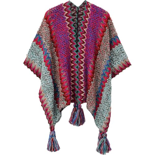 SANNIDHI® Hand-Knitted Shawl for Women, Fashion Multi Use Wrap with Tassels, Bohemian Open-Front Wrap, 140x110cm Red