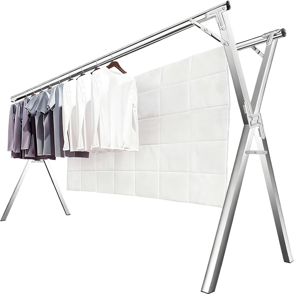 HASTHIP Folding Cloth Drying Rack for Indoor and Outdoor Use with 6.6ft Telescopic Frame and 20 Hooks | Double Layer Stainless Steel Laundry Organizer