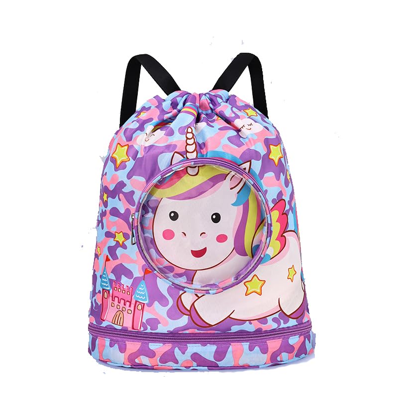Proberos Drawstring Backpack Girls Waterproof Swimming Bags with Shoe Compartment Colorful Unicorn Print Polyester Drawstring Backpack Girls Travel Backpack Swimming Bag Activitiy Bag