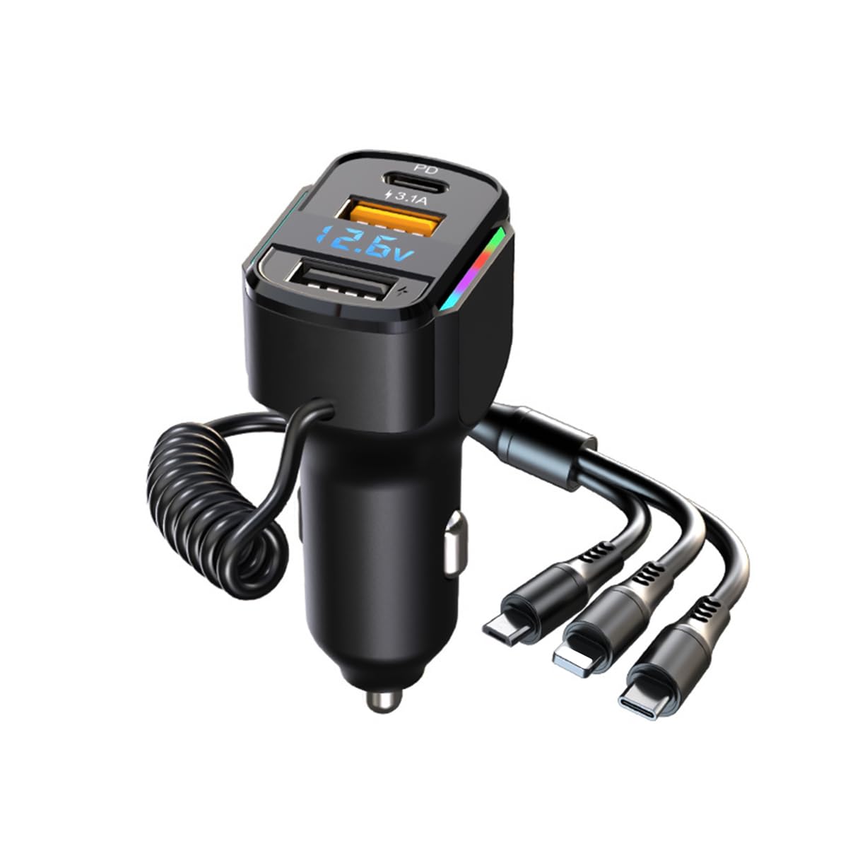 STHIRA Car Charger 6 in 1 Multi Port Fast Charger 65W with LCD Display and Coil Cord | USB C and USB A for 12V 24V Vehicles