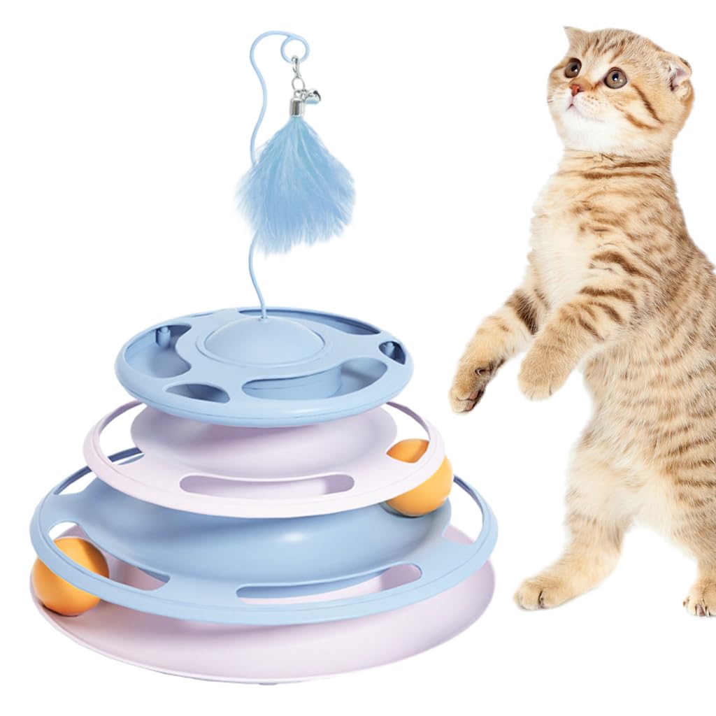 Qpets® Cat Turntable Toy, 3 in 1 Cat Interactive Toys-Cat Teaser Stick, Double Track Turntable Ball, Detachable Snack Dispenser, PP Material Cat Amusement Plate Puzzle Pet Cat Toy