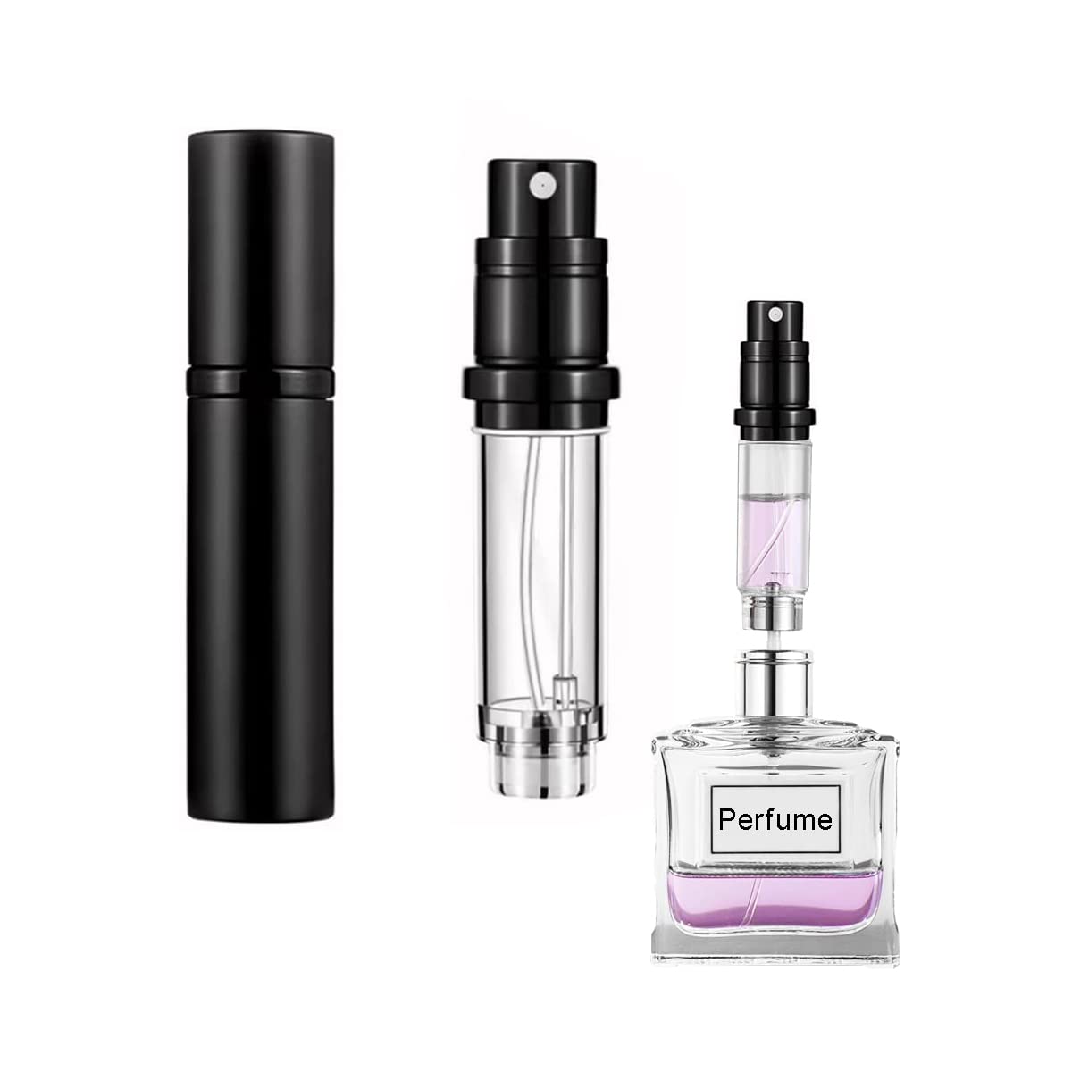 MAYCREATE® Mini Perfume Refill Bottle 5ml, Upgraded Leakproof Perfume Atomiser Refillable Perfume Bottle, Matte Black Pocket Empty Spray Bottle Pump Dispenser (Metal Shell+Glass Inner)