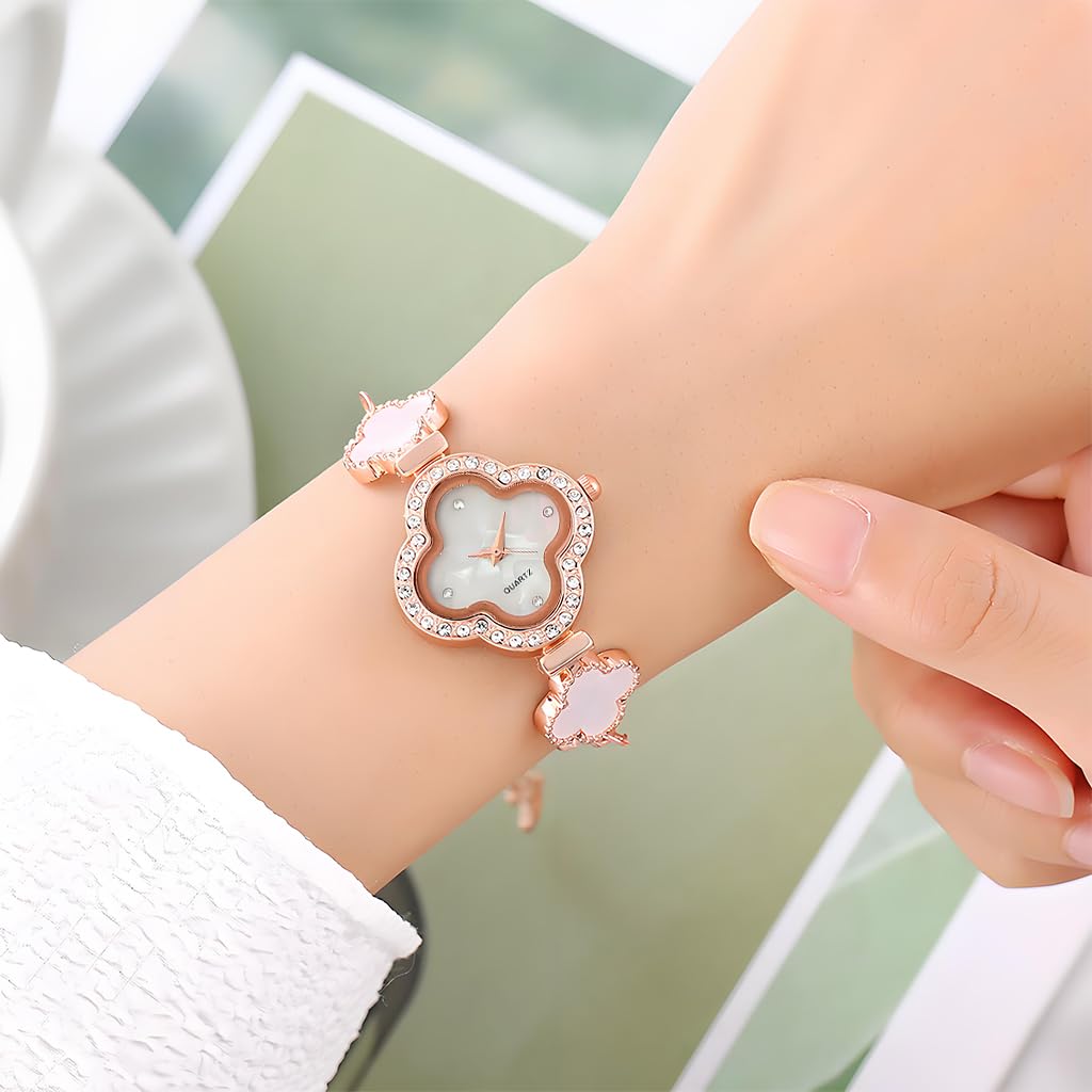 Fancyku Wrist Watch for Women with Adjustable Sliding Buckle and Four Leaf Clover Charm | Rose Gold Rhinestone Bracelet Gift