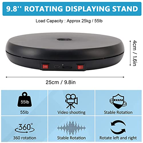 Supvox® 1Pcs Rotating Display Stand with LED, 9.8'' USB Charge 360 Degree Rotating Turntable, Adjustable Speed Multi-Functional Rotary Table for Photography, Jewelry, Cake and Collectibles, 20kg Load