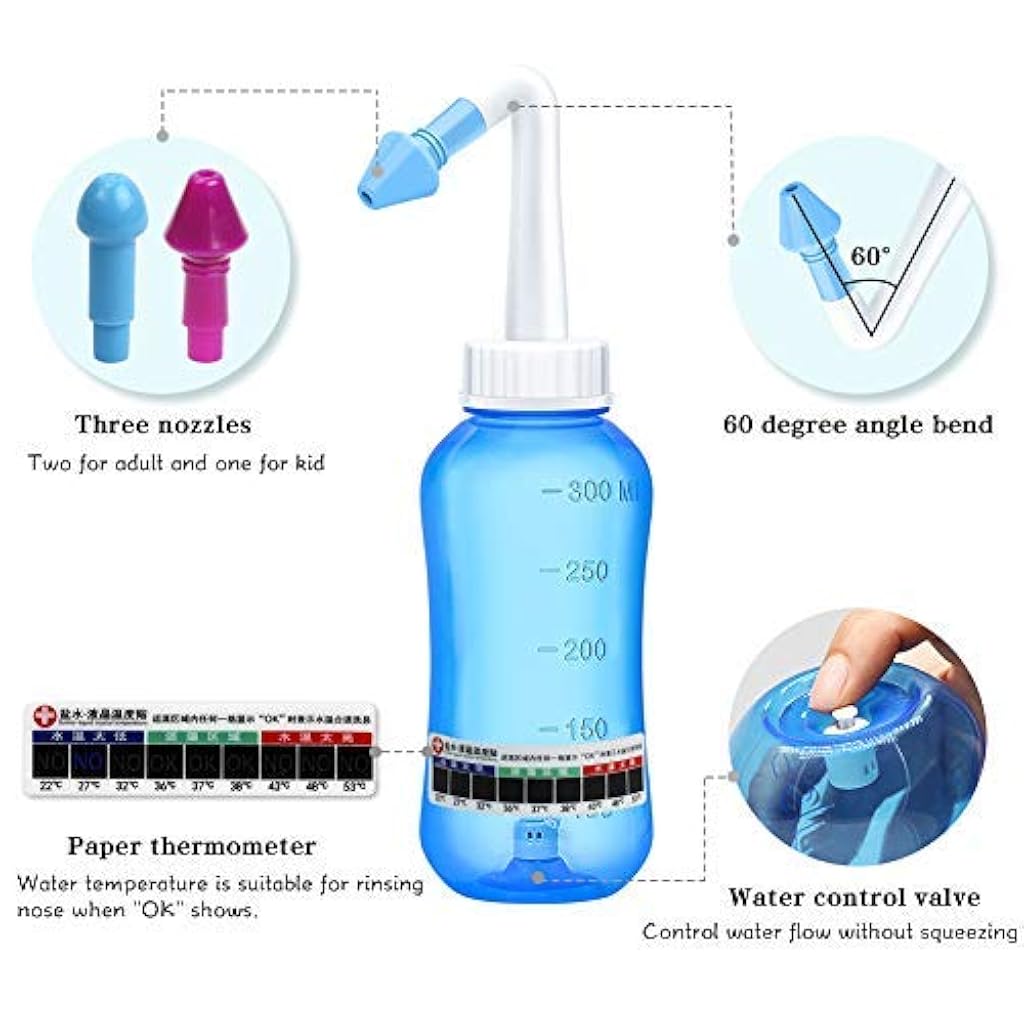 HANNEA® Neti Pots for Sinus Rinse Bottle Nose Wash Cleaner Pressure Nasal Irrigation for Adult and Kid BPA Free 300 ML with 10 Nasal Wash Salt Packets and Sticker X3