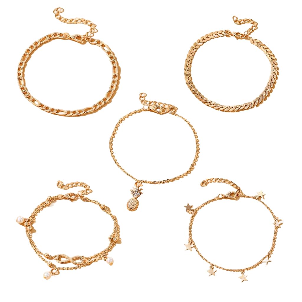 SANNIDHI Anklets for Women Girls 5 Pcs Set with Adjustable Chain in Golden Alloy | Beach and Daily Jewellery