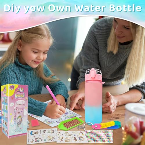 Supvox Girl Water Bottle - Kid DIY Water Bottle Gifts Set Cute Leak Proof Water Bottles with Rainbow Unicorn Stickers for Birthday School Picnic Outdoors for Girls Age 4-6-8-10 (600ml)