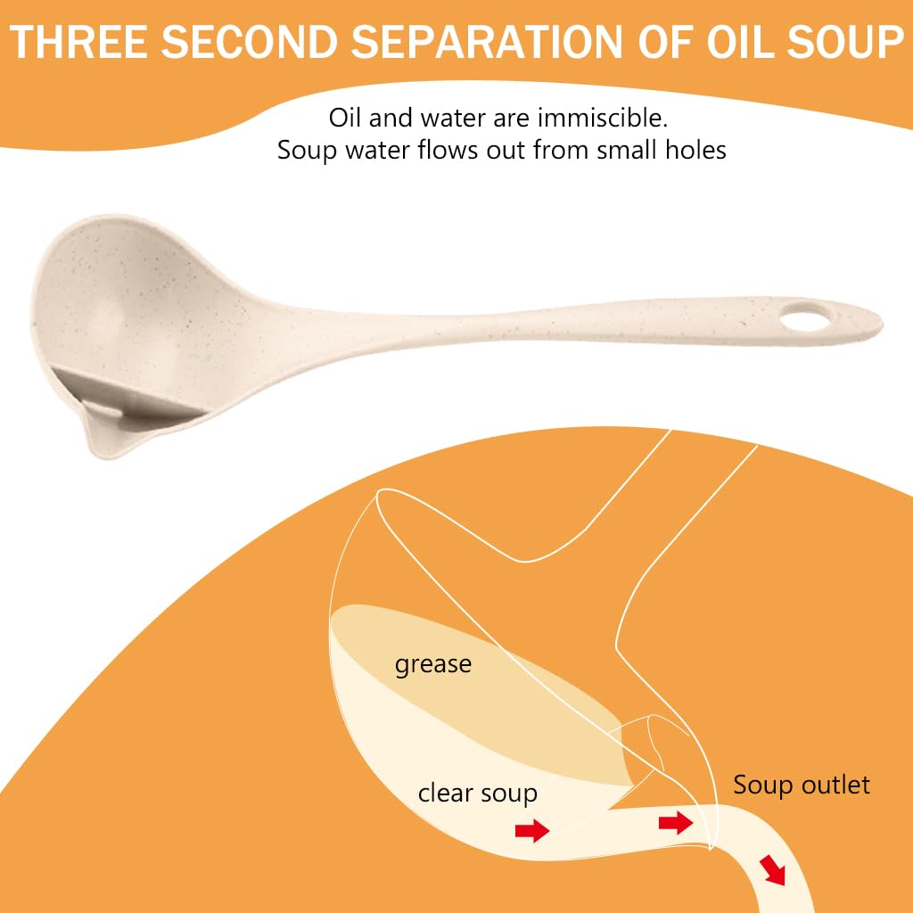 Supvox Kitchen Spoon Set for Soup and Rice 3 Pcs with Grease Separation Design | Wheat Straw