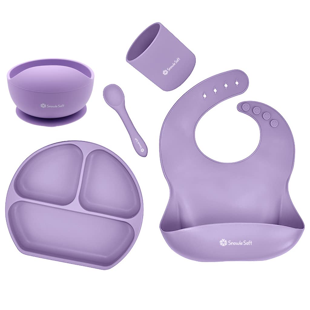 SNOWIE SOFT 5pcs Silicone Tableware Kit for Baby, Baby Silicone Feeding Kit Baby Plate & Bowl with Sucker, Spoon, Fork Bib BPA-Free Dishwasher & Microwave Safe (Pink)