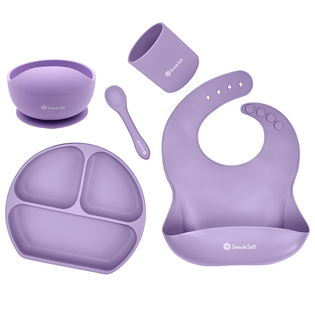 SNOWIE SOFT 5pcs Silicone Tableware Kit for Baby Foodgrade Silicone Tableware Kit Baby Plate & Bowl with Sucker,Cup,Spoon,Bib Food Grade Silicone BPA-Free Dishwasher & Microwave Safe Baby Product