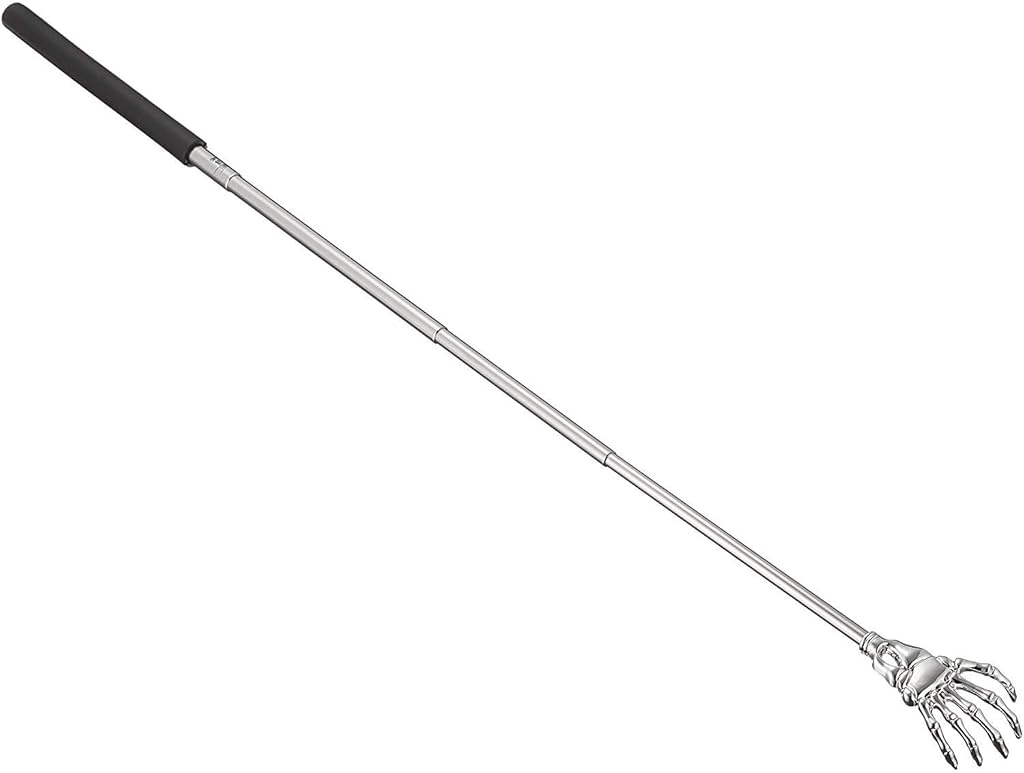 ZIBUYU Skull Hand Back Scratcher Stick, Telescopic 22-59cm Stainless Steel Itching Hand Stick, Non-slip PVC Handle Design 5-Tip Fun Skull Hand Back Scratcher for Men Women Kids