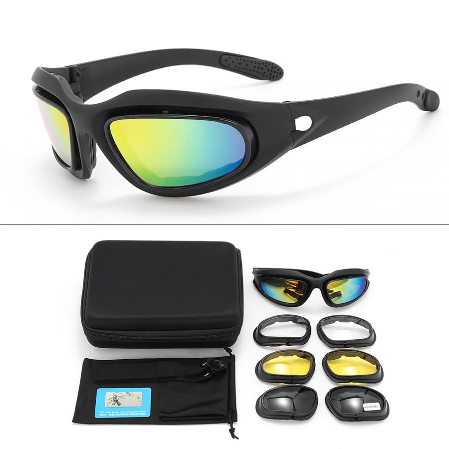 Proberos® Polarized Motorcycle Riding Goggles, Windproof Cycling Glasses UV400 Outdoor Sports Sunglasses Interchangeable Lenes for Running, Baseball Golf, Driving, Fishing-Black