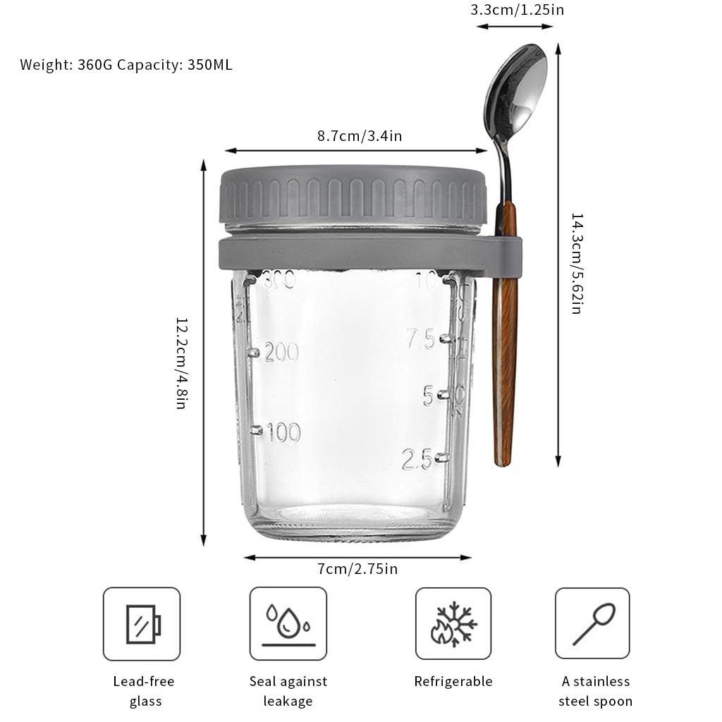 Supvox Overnight Oats Containers for Breakfast with Anti Leak Lid and Spoon 350ml Glass Jars | Pink and Grey Set of 2