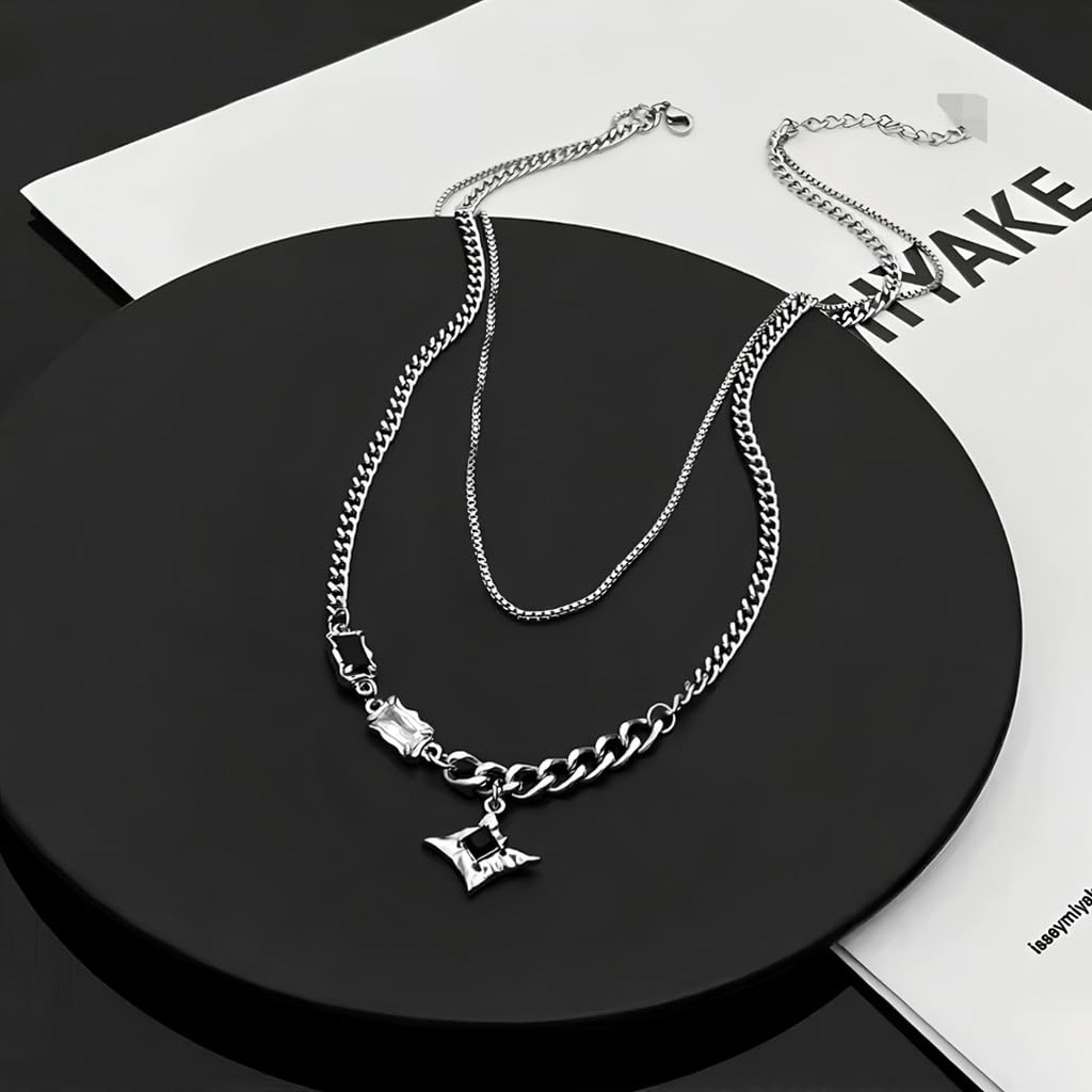 ZIBUYU Layered Chain Necklace with Sparkling Black Stone for Unisex Gothic Punk Style