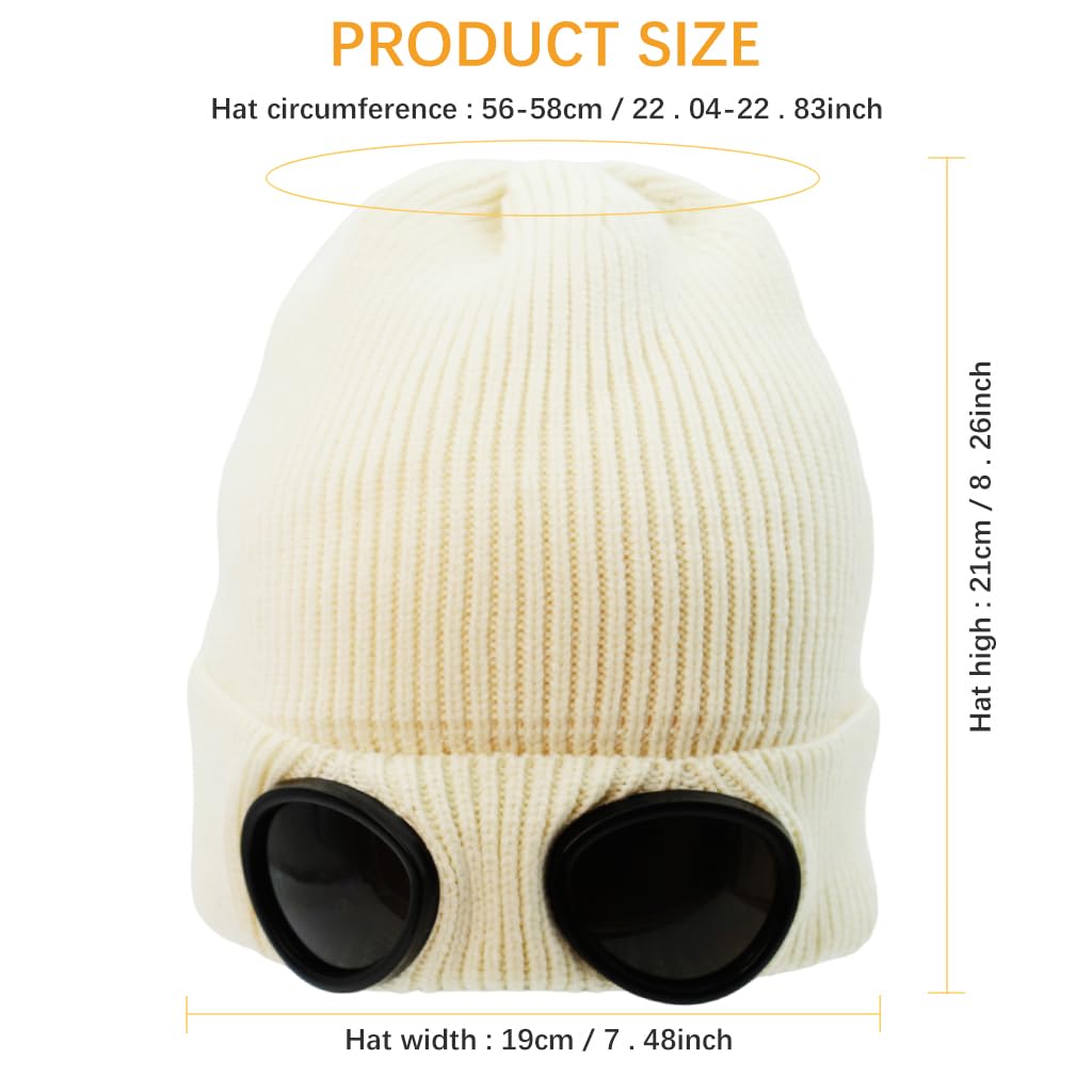 PALAY® Winter Hat Knitted Beanie Warm Hat Fashion Goggles Lens Knitted Cap Creative Couple (Beige)