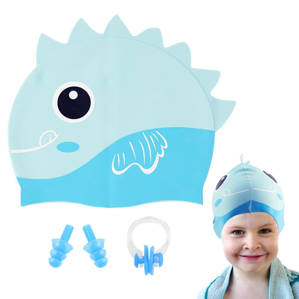 Proberos® Kids Swimming Cap Slicone Swimming Cap with Nose Clip & Earplugs Blue Cartoon Dinosaur Swimming Cap for Boys Girls