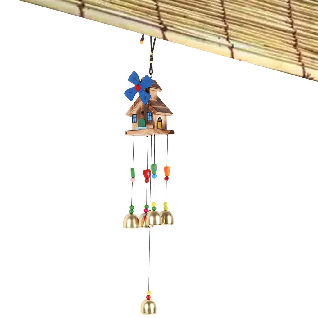 HASTHIP Wind Chimes for Balcony featuring Wooden Hut and Windmill Design | 5 Bell Melody